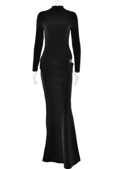 JULISSA MO Turtleneck Satin Sexy Hollow Out Zipper Women Maxi Dress Black Patchwork Long Sleeve Slim Elegant Party Evening Dress