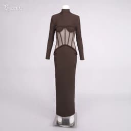 VC Sophisticated Brown High-Neck Long Sleeves Dress with Sheer Mesh Corset Accent for Party Evening Gown Ropa Para Mujer
