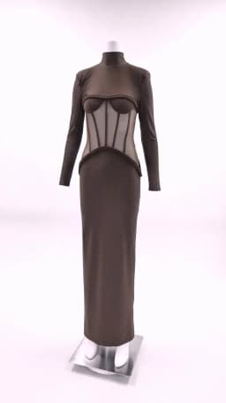 VC Sophisticated Brown High-Neck Long Sleeves Dress with Sheer Mesh Corset Accent for Party Evening Gown Ropa Para Mujer