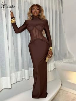 VC Sophisticated Brown High-Neck Long Sleeves Dress with Sheer Mesh Corset Accent for Party Evening Gown Ropa Para Mujer
