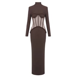 VC Sophisticated Brown High-Neck Long Sleeves Dress with Sheer Mesh Corset Accent for Party Evening Gown Ropa Para Mujer