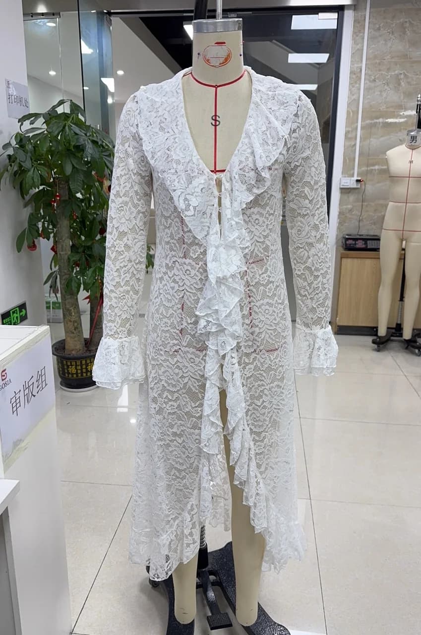 Lace Long Sleeve Sexy Maxi Cardigan Dress For Women Long Flare Sleeve Elegant High Waist Bodycon Club Party Sexy Long Dress