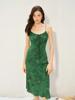 SuyaDream, Women's 100%Silk Floral Slip Dress, French V-Neck Tie Front Midi Dress, Green Floral Print Spaghetti Strap Dress