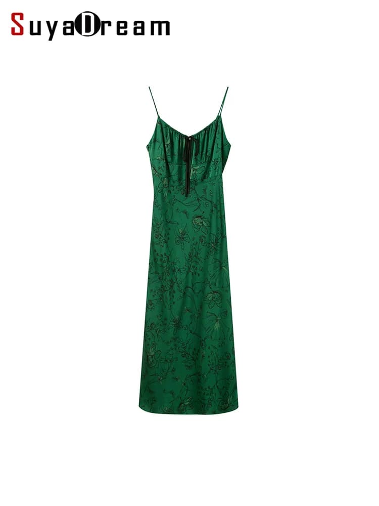 SuyaDream, Women's 100%Silk Floral Slip Dress, French V-Neck Tie Front Midi Dress, Green Floral Print Spaghetti Strap Dress