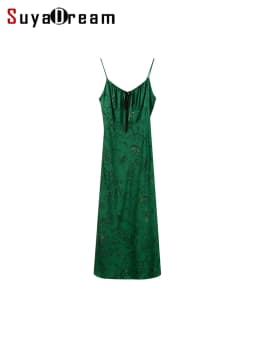 SuyaDream, Women's 100%Silk Floral Slip Dress, French V-Neck Tie Front Midi Dress, Green Floral Print Spaghetti Strap Dress