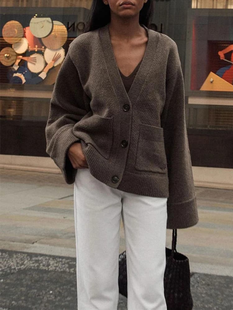 Women's Elegant Knitted Cardigan Solid Long Sleeve V Neck Ribbed Tops 2026 New Autumn Winter Coat Commute Female Knitwear