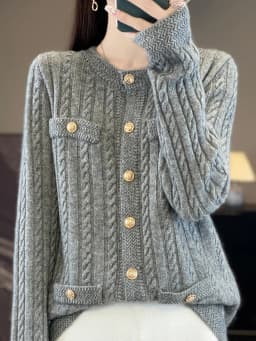 Women's Warm Autumn Winter Thick 100% Merino Wool Knitted Sweater Buttons Cardigan Casual Loose O-Neck Cable Stitc Clothing Tops