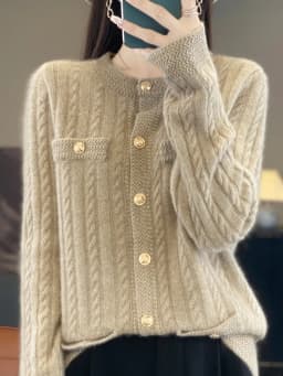 Women's Warm Autumn Winter Thick 100% Merino Wool Knitted Sweater Buttons Cardigan Casual Loose O-Neck Cable Stitc Clothing Tops