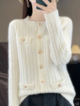 Women's Warm Autumn Winter Thick 100% Merino Wool Knitted Sweater Buttons Cardigan Casual Loose O-Neck Cable Stitc Clothing Tops