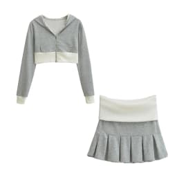 Spicy Girl Europe/America Style Color Blocked Short Cropped Hooded Sweatshirt+high Waisted Sexy Pleated Skirt Two Piece Set GXYW