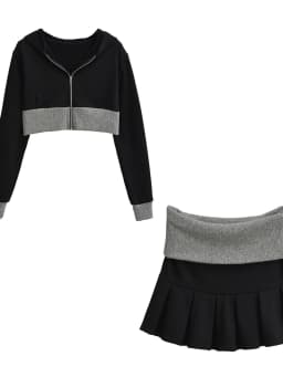 Spicy Girl Europe/America Style Color Blocked Short Cropped Hooded Sweatshirt+high Waisted Sexy Pleated Skirt Two Piece Set GXYW