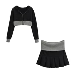 Spicy Girl Europe/America Style Color Blocked Short Cropped Hooded Sweatshirt+high Waisted Sexy Pleated Skirt Two Piece Set GXYW