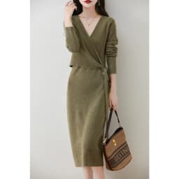Women V-neck 100% Merino Wool Dress Sweater Autumn Winter Crossing Lace-up Long Sleeve Pullover Knit Skirt Office Lady Knitwear