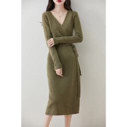 Women V-neck 100% Merino Wool Dress Sweater Autumn Winter Crossing Lace-up Long Sleeve Pullover Knit Skirt Office Lady Knitwear