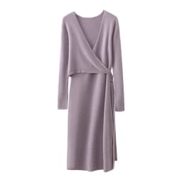 Women V-neck 100% Merino Wool Dress Sweater Autumn Winter Crossing Lace-up Long Sleeve Pullover Knit Skirt Office Lady Knitwear