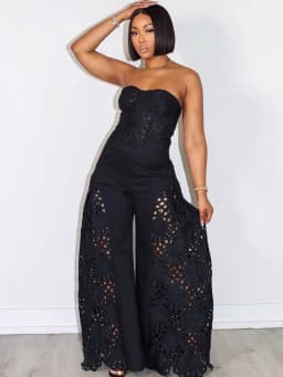 Female Clothing Elegant Sets V Neck Lace Sexy Strapless Crop Top and Wide Leg Pants Set Women Hollow Out Summer Two Piece Set