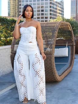 Female Clothing Elegant Sets V Neck Lace Sexy Strapless Crop Top and Wide Leg Pants Set Women Hollow Out Summer Two Piece Set