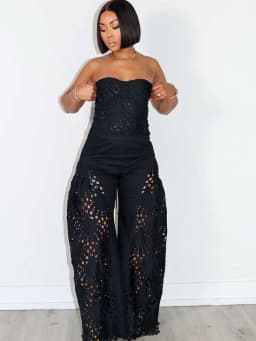 Female Clothing Elegant Sets V Neck Lace Sexy Strapless Crop Top and Wide Leg Pants Set Women Hollow Out Summer Two Piece Set