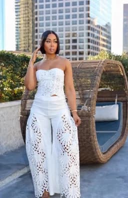 Female Clothing Elegant Sets V Neck Lace Sexy Strapless Crop Top and Wide Leg Pants Set Women Hollow Out Summer Two Piece Set