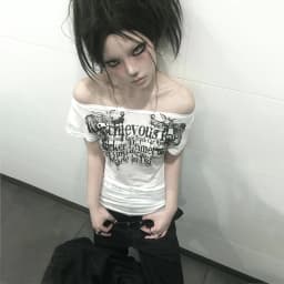 Karrcat Grunge Aesthetics Tattoo Print T-shirt Trashy 2000s Style Letter T Shirt Japanese Y2k White Sheer Tops Gothic Vintage