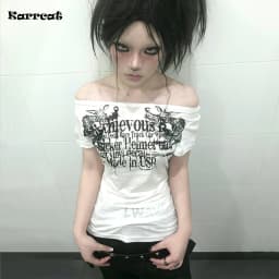 Karrcat Grunge Aesthetics Tattoo Print T-shirt Trashy 2000s Style Letter T Shirt Japanese Y2k White Sheer Tops Gothic Vintage