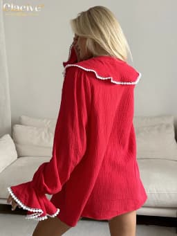 Clacive Fashion Loose Red Cotton 2 Piece Sets Woman Outfit 2025 Elegant Long Sleeve Shirt With High Waist Shorts Set Female