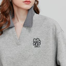 TOYOUTH Women Hoodies Sweatshirt 2025 Autumn New Fake Two Piece Spliced Turn Down Collar Cotton Embroidered Pullover Tops