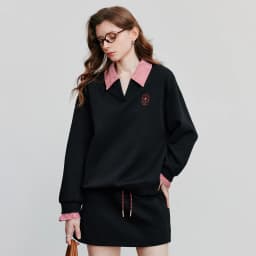 TOYOUTH Women Hoodies Sweatshirt 2025 Autumn New Fake Two Piece Spliced Turn Down Collar Cotton Embroidered Pullover Tops
