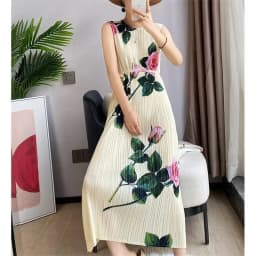 2025 Evening Dresses Womens Dresses Miyake Pleated Rose Print Loose Sleeveless Dress Women's Long Summer new Lace-up Vest kirt