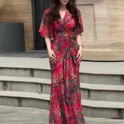 Women's Sexy V Neck High Waist Slim Long Dress Spring Elegant Floral Print Ruffle Evening Dress Summer Short Sleeve Boho Dresses