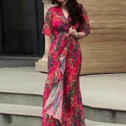 Women's Sexy V Neck High Waist Slim Long Dress Spring Elegant Floral Print Ruffle Evening Dress Summer Short Sleeve Boho Dresses