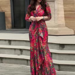 Women's Sexy V Neck High Waist Slim Long Dress Spring Elegant Floral Print Ruffle Evening Dress Summer Short Sleeve Boho Dresses