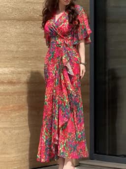 Women's Sexy V Neck High Waist Slim Long Dress Spring Elegant Floral Print Ruffle Evening Dress Summer Short Sleeve Boho Dresses
