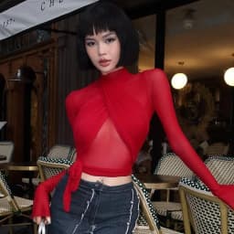 2025 Fashion Mesh High Neck Long Sleeve Red Wrinkle Bandage Sexy Transparent Umbilical T-shirt Top Street Apparel