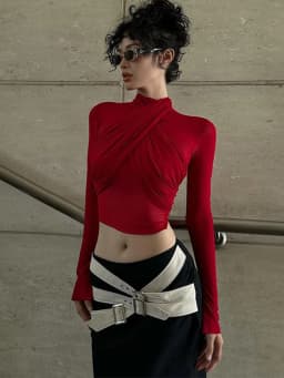 2025 Fashion Mesh High Neck Long Sleeve Red Wrinkle Bandage Sexy Transparent Umbilical T-shirt Top Street Apparel