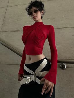 2025 Fashion Mesh High Neck Long Sleeve Red Wrinkle Bandage Sexy Transparent Umbilical T-shirt Top Street Apparel