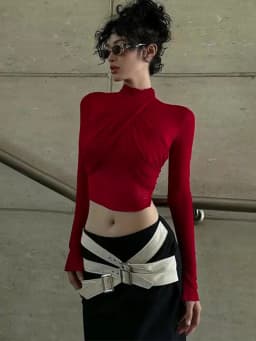 2025 Fashion Mesh High Neck Long Sleeve Red Wrinkle Bandage Sexy Transparent Umbilical T-shirt Top Street Apparel
