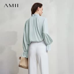 AMII Women's Blouse Simple Loose Stand Collar Butterfly Sleeve Shirts and Blouses 2025 Autumn New Office Ladies Tops 12543102