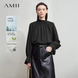 AMII Women's Blouse Simple Loose Stand Collar Butterfly Sleeve Shirts and Blouses 2025 Autumn New Office Ladies Tops 12543102