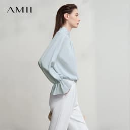 AMII Women's Blouse Simple Loose Stand Collar Butterfly Sleeve Shirts and Blouses 2025 Autumn New Office Ladies Tops 12543102