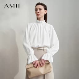 AMII Women's Blouse Simple Loose Stand Collar Butterfly Sleeve Shirts and Blouses 2025 Autumn New Office Ladies Tops 12543102