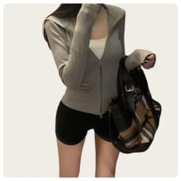 Korean Style Spring and Autumn Women's Light Gray Vertical Stripe Slim-Fit Thin Short Jacket with Two-Way Zipper Hoodie