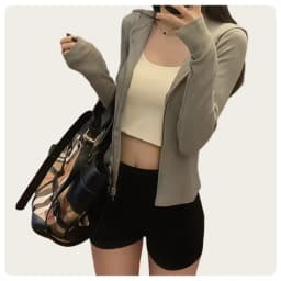 Korean Style Spring and Autumn Women's Light Gray Vertical Stripe Slim-Fit Thin Short Jacket with Two-Way Zipper Hoodie