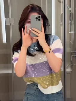 Fashion Heavy Industry Round Neck Sequin Short Sleeve Striped Women T-Shirt Summer New Knitwear Slim Versatile Basic Top Female