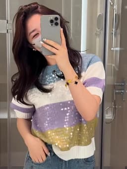 Fashion Heavy Industry Round Neck Sequin Short Sleeve Striped Women T-Shirt Summer New Knitwear Slim Versatile Basic Top Female