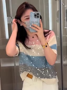 Fashion Heavy Industry Round Neck Sequin Short Sleeve Striped Women T-Shirt Summer New Knitwear Slim Versatile Basic Top Female