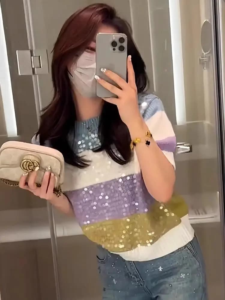 Fashion Heavy Industry Round Neck Sequin Short Sleeve Striped Women T-Shirt Summer New Knitwear Slim Versatile Basic Top Female