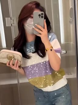 Fashion Heavy Industry Round Neck Sequin Short Sleeve Striped Women T-Shirt Summer New Knitwear Slim Versatile Basic Top Female