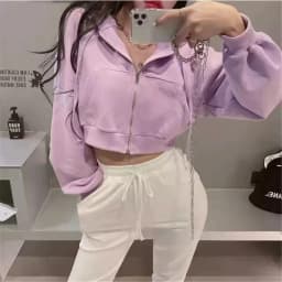 Autumn Winter Short Sweatshirt for Women Solid Hooded Sports Zipper Cropped Jacket Woman Fashion High Waist Loose-Fit Hoodies