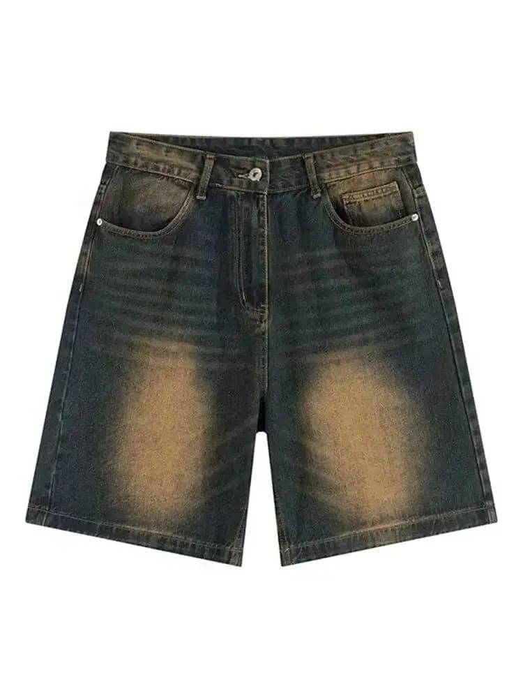 Female High Waist Straight Kenn-Length Jeans 2Xl Women's Washed Denim Shorts Retro Neutral Style Quarter Bottoms Wide Leg Capris